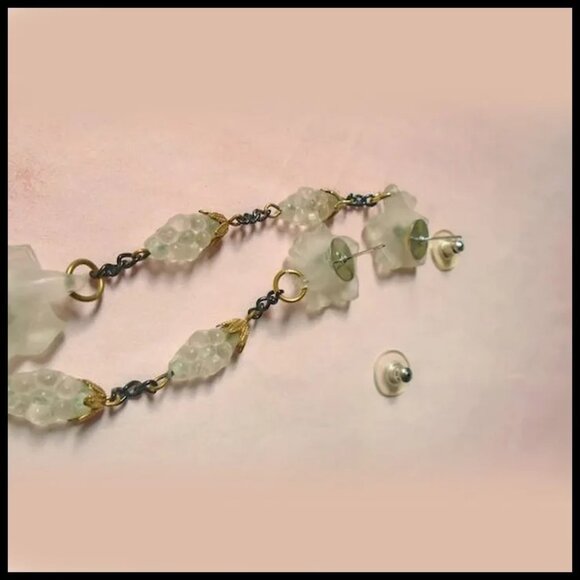 White & Black Earrings Long Dangles Lalique Look Lily, OOAK Recycled Vintag - Picture 6 of 11